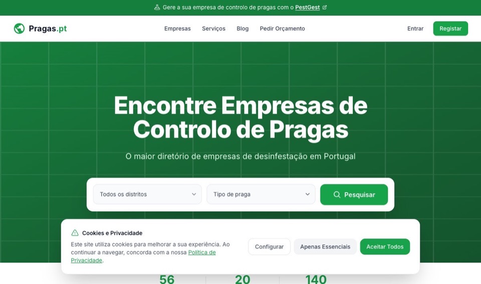 Screenshot do site Controlo de Pragas - Diretório de empresas de desinfestação em Portugal