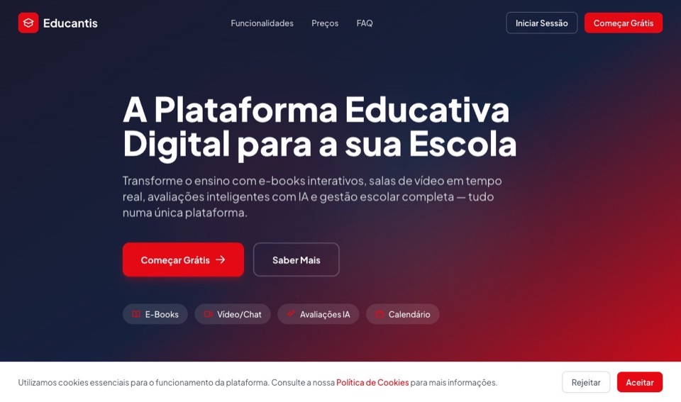 Screenshot do site Educantis - Plataforma educativa digital com avaliações por IA