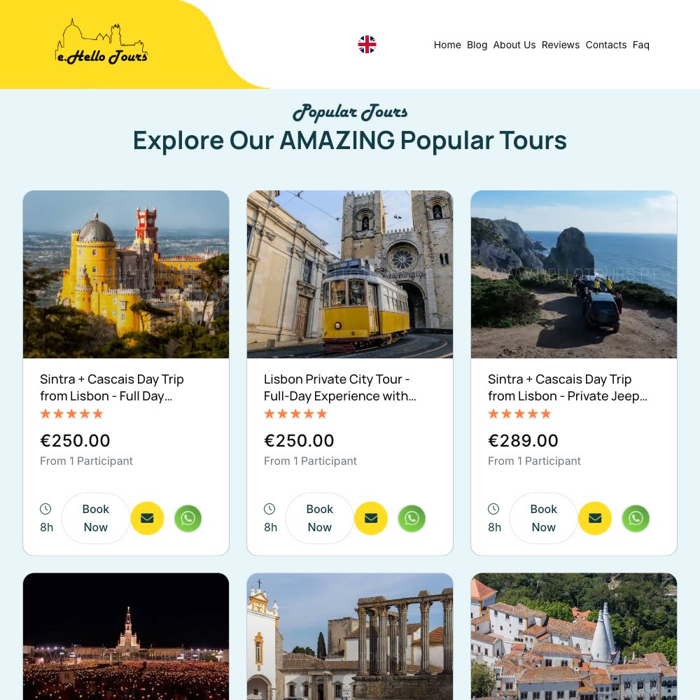 Screenshot do site Hello Tours - Tours privados com guias locais em Lisboa, Sintra e Porto